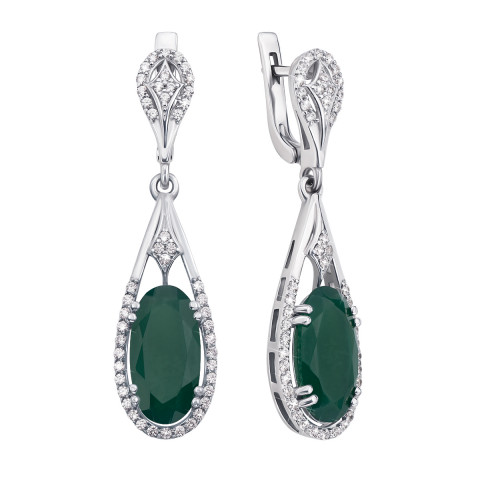 Срібні сережки-підвіски з зеленим агатом та фіанітами (2182/9р)