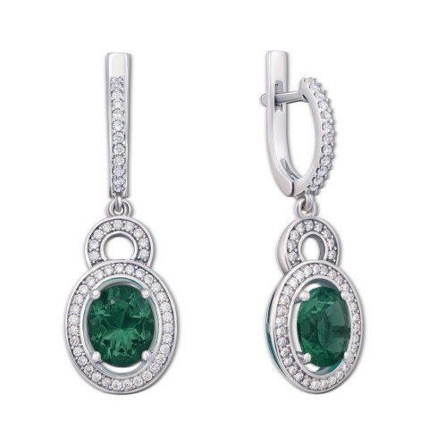Срібні сережки-підвіски з зеленим кварцом і фіанітами (2157/9р-QGR)