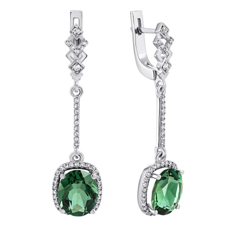 Срібні сережки-підвіски з зеленим кварцом і фіанітами (2159/1р-QGR)