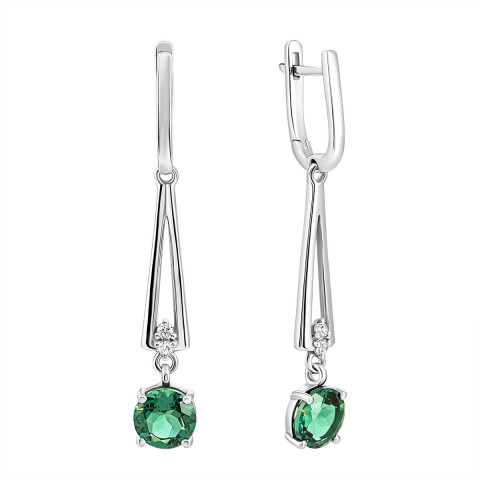 Срібні сережки-підвіски з зеленим кварцом і фіанітами (2361/1р-QGR)