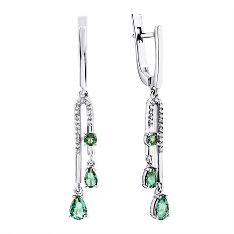 Срібні сережки-підвіски з зеленим кварцом і фіанітами (2370/1р-QGR)