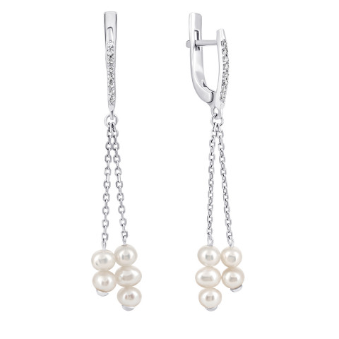 Срібні сережки-підвіски з перлами і фіанітами (2336/1р-PWT)