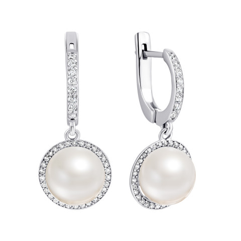 Срібні сережки-підвіски з перлами і фіанітами (2446/1р-PWT)