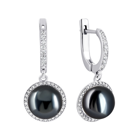Срібні сережки-підвіски з перлами і фіанітами (2446чб/1р-PBL)