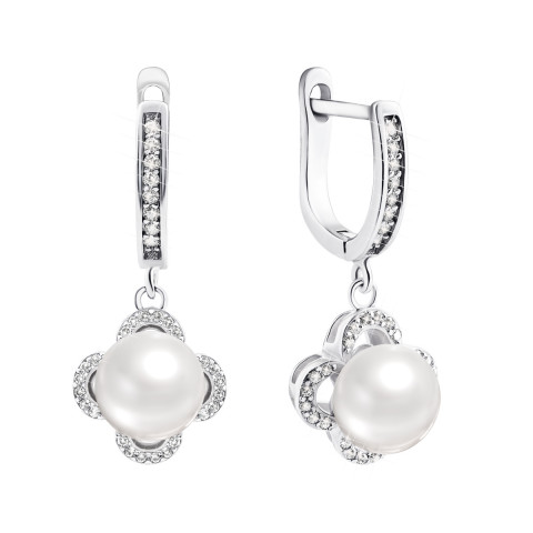 Срібні сережки-підвіски з перлами і фіанітами (PSS0312ED)