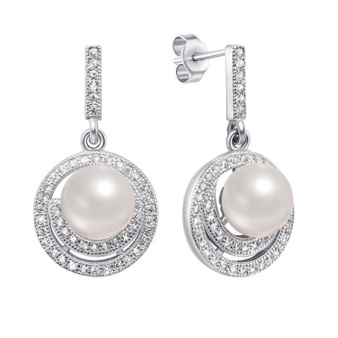Срібні сережки-підвіски з перлами і фіанітами (PSS0339-E)