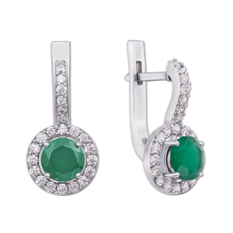 Срібні сережки з зеленим агатом і фіанітами (2055/9р)