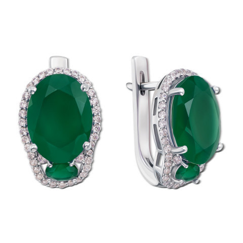 Срібні сережки з зеленим агатом і фіанітами (2126/9р-GAG)