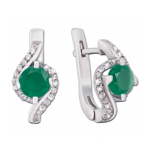 Срібні сережки з зеленим агатом і фіанітами (2165/9р)