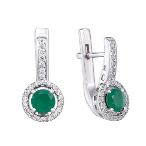 Срібні сережки з зеленим агатом і фіанітами (2183/9р)