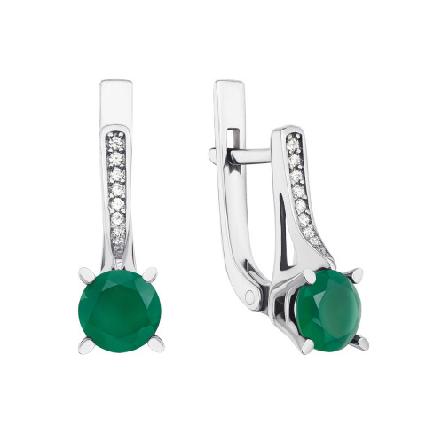 Срібні сережки з зеленим агатом і фіанітами (2339/9р-GAG)