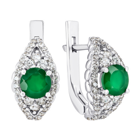 Срібні сережки з зеленим агатом і фіанітами (2426/9р-GAG)