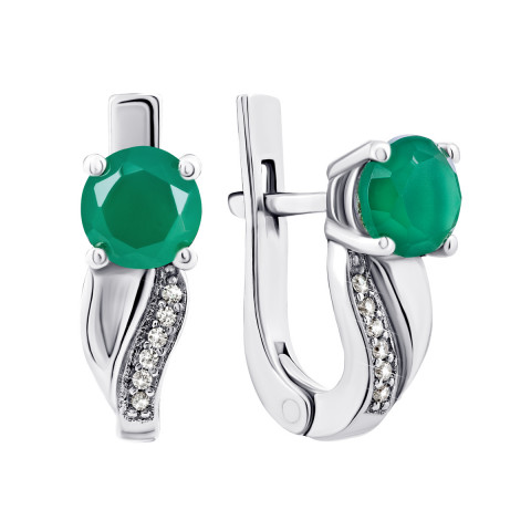 Срібні сережки з зеленим агатом і фіанітами (2429/9р-GAG)