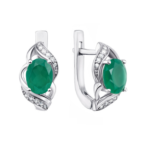 Срібні сережки з зеленим агатом і фіанітами (2502/9р)