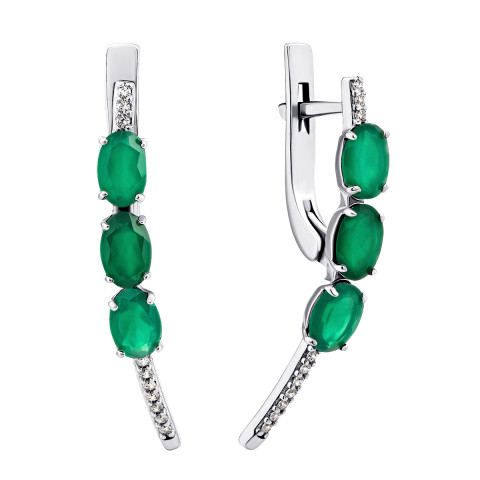 Срібні сережки з зеленим агатом і фіанітами (2990/9р-GRAG)
