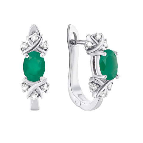 Срібні сережки з зеленим агатом і фіанітами (Тд0055/агат-E)