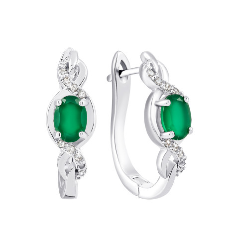 Срібні сережки з зеленим агатом і фіанітами (Тд0060/агат-E)