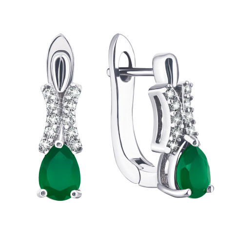 Срібні сережки з зеленим агатом і фіанітами (Тд0061/агат-E)