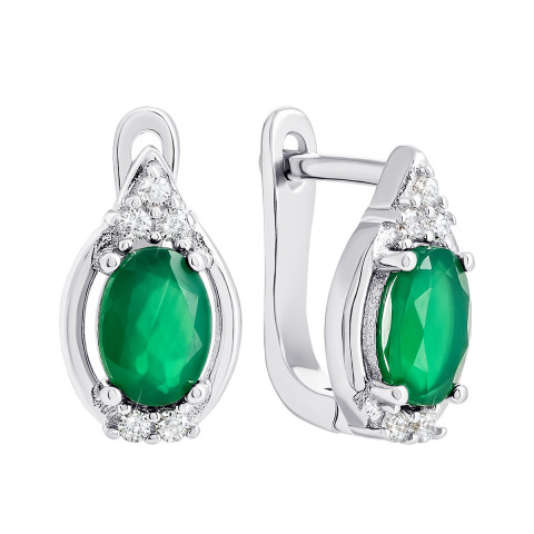 Срібні сережки з зеленим агатом і фіанітами (Тд0066/агат-E)