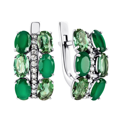 Срібні сережки з зеленим агатом, зеленим кварцом і фіанітами (2944/9р-GRAGQG)