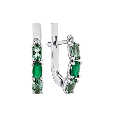 Срібні сережки з зеленим агатом, зеленим кварцом і фіанітами (2981/9р)