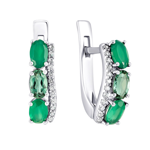 Срібні сережки з зеленим агатом, зеленим кварцом і фіанітами (2986/9р-GRAGQG)