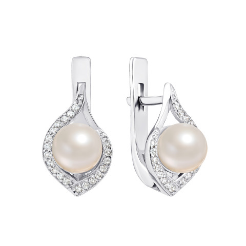 Срібні сережки з перлами і фіанітами (2264/9р-PWT)