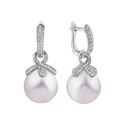Срібні сережки-підвіски з перлами та фіанітами (E37081-BW)
