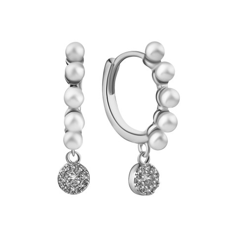 Срібні сережки-підвіски з перлами та фіанітами (SE38475-W)