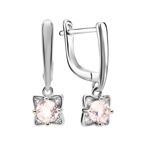 Срібні сережки-підвіски з рожевим кварцом та фіанітами (SZDE15187-1)