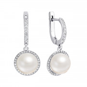 Срібні сережки-підвіски з перлами і фіанітами (2446/1р-PWT)