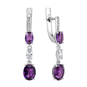Срібні сережки-підвіски з аметистом і фіанітами (2388/1р-AMET)
